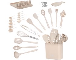 MK - Keukengerei - Kitchen Set - 33 delige set - Hittebestendig kookgerei - Siliconen Keukengerei houder - BPA vrij - Japandi beige