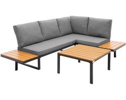 ML-Design 3-delige tuin lounge set grijs houtlook modulaire hoekbank met salontafel en comfort kussens weerbestendig onderhoudsarm aluminium frame premium outdoor tuinmeubelen balkon terras patio lounge bank zitgroep modern design waterafstotend