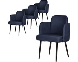 ML-Design eetkamerstoel set van 4 donkerblauw stoffen bekleding gestoffeerde stoel met armleuningen rieten rugleuning metalen poten ergonomische loungestoel woonkamer fauteuil stoel voor eetkamer eettafel stoel comfortabel modern praktisch design
