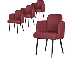 ML-Design eetkamerstoel set van 4 rood stoffen bekleding gestoffeerde stoel met armleuningen rieten rugleuning metalen poten ergonomische loungestoel woonkamer fauteuil stoel voor eetkamer eettafel stoel comfortabel modern praktisch design