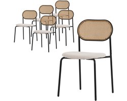 ML-Design eetkamerstoelen set 6 beige gestoffeerde keukenstoelen met rotan rugleuning zonder armleuningen retro dining stoelen duurzame metalen poten comfortabele eettafelstoelen woonkamerstoelen gestoffeerde stoelen keukenstoelen moderne design