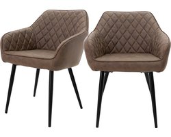 ML-Design Eetkamerstoelen set van 2 met armleuningen en rugleuning, bruine stoelen met comfortabele kunstlederen bekleding, stevige keukenstoelen met zwarte metalen poten, ergonomische en moderne stoelen voor eetkamer en woonkamer in huis