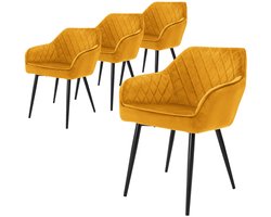 ML-Design Eetkamerstoelen set van 4 met armleuningen en rugleuning, oker stoelen met comfortabele fluweel bekleding, stevige keukenstoelen met zwarte metalen poten, ergonomische en moderne stoelen voor eetkamer en woonkamer in huis