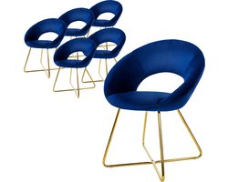 ML-Design eetkamerstoelen set van 6 blauw fluweel, woonkamerstoel met ronde rugleuning, gestoffeerde stoel met gouden metalen poten, ergonomische eettafel fauteuil, keukenstoel kuipstoel kaptafelstoel