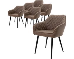 ML-Design Eetkamerstoelen set van 6 met armleuningen en rugleuning, bruine stoelen met comfortabele kunstlederen bekleding, stevige keukenstoelen met zwarte metalen poten, ergonomische en moderne stoelen voor eetkamer en woonkamer in huis
