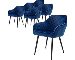 ML-Design Eetkamerstoelen set van 6 met armleuningen en rugleuning, donkerblauw stoelen met comfortabele fluweel bekleding, stevige keukenstoelen met zwarte metalen poten, ergonomische en moderne stoelen voor eetkamer en woonkamer in huis