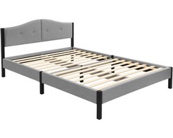 ML-Design Gestoffeerd bed 140x200 cm tweepersoonsbed, stabiel bedframe serie, linnen bedombouw met gecapitonneerd hoofdbord en lattenbodem, modern linnenbed met stevig stalen frame en houten poten, comfortabel grijs tweepersoonsbed voor slaapkamer