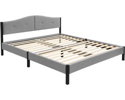 ML-Design Gestoffeerd bed 160x200 cm tweepersoonsbed, stabiel bedframe serie, linnen bedombouw met gecapitonneerd hoofdbord en lattenbodem, modern linnenbed met stevig stalen frame en houten poten, comfortabel grijs tweepersoonsbed voor slaapkamer