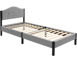 ML-Design Gestoffeerd bed 90 x 200 cm eenpersoonsbed, stabiel bedframe serie, linnen bedombouw met gecapitonneerd hoofdbord en lattenbodem, modern linnenbed met stevig stalen frame en houten poten, comfortabel grijs tweepersoonsbed voor slaapkamer