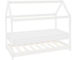 ML Design huisbed serie kinderbed 80x160 cm wit met dak lattenbodem en koudschuim matras massief grenenhout stabiel houten speelbed voor meisjes en jongens kinderhuis junior bed met vloerbed in huis design voor kinderkamer