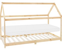 ML Design huisbed serie kinderbed 90x200 cm naturel met dak lattenbodem en koudschuim matras massief grenenhout stabiel houten speelbed voor meisjes en jongens kinderhuis junior bed met vloerbed in huis design voor kinderkamer
