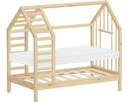 ML-Design Kinderbed 70 x 140 cm met matras , huisbed met dak en raam, robuust bedframe van massief grenenhout, montessoribed voor meisjes en jongens belastbaar tot 80 kg, houten peuterbed met een eenvoudige montage voor de slaapkamer, naturel