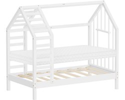 ML-Design Kinderbed 70 x 140 cm met matras , huisbed met dak en raam, robuust bedframe van massief grenenhout, montessoribed voor meisjes en jongens belastbaar tot 80 kg, houten peuterbed met een eenvoudige montage voor de slaapkamer, wit