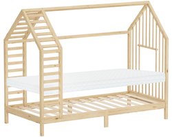 ML-Design Kinderbed 90 x 200 cm met matras , huisbed met dak en raam, robuust bedframe van massief grenenhout, montessoribed voor meisjes en jongens belastbaar tot 100 kg, houten peuterbed met een eenvoudige montage voor de slaapkamer, naturel