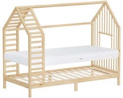 ML-Design Kinderbed 90 x 200 cm met matras , huisbed met dak en raam, robuust bedframe van massief grenenhout, montessoribed voor meisjes en jongens belastbaar tot 100 kg, houten peuterbed met een eenvoudige montage voor de slaapkamer, naturel