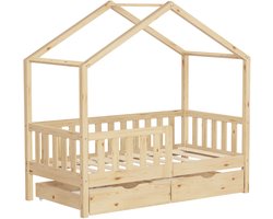 ML-Design kinderbed huisbed 70x140 cm naturel houten bed met 2 lades valbeveiliging lattenbodem en dak speelbed van massief grenenhout Montessori vloerbed kinderkamer bedframe speelhuis bed voor kinderen meisjes jongens juniorbed houten kinderhuisbed