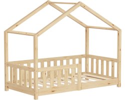 ML-Design kinderbed huisbed 70x140 cm naturel massief grenenhouten bed met dak lattenbodem en uitvalbescherming Montessori vloerbed speelbed juniorbed houten bedframe huisbed voor kinderen meisjes jongens kinderkamer jeugdbed stabiel veilig