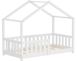 ML-Design kinderbed huisbed 70x140 cm wit massief grenenhouten bed met dak lattenbodem en uitvalbescherming Montessori vloerbed speelbed juniorbed houten bedframe huisbed voor kinderen meisjes jongens kinderkamer jeugdbed stabiel veilig