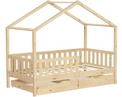 ML-Design kinderbed huisbed 80x160 cm naturel houten bed met 2 lades valbeveiliging lattenbodem en dak speelbed van massief grenenhout Montessori vloerbed kinderkamer bedframe speelhuis bed voor kinderen meisjes jongens juniorbed houten kinderhuisbed