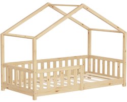 ML-Design kinderbed huisbed 80x160 cm naturel massief grenenhouten bed met dak lattenbodem en uitvalbescherming Montessori vloerbed speelbed juniorbed houten bedframe huisbed voor kinderen meisjes jongens kinderkamer jeugdbed stabiel veilig