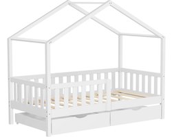 ML-Design kinderbed huisbed 80x160 cm wit houten bed met 2 lades valbeveiliging lattenbodem en dak speelbed van massief grenenhout Montessori vloerbed kinderkamer bedframe speelhuis bed voor kinderen meisjes jongens juniorbed houten kinderhuisbed