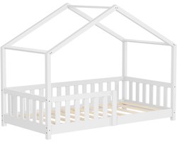 ML-Design kinderbed huisbed 80x160 cm wit massief grenenhouten bed met dak lattenbodem en uitvalbescherming Montessori vloerbed speelbed juniorbed houten bedframe huisbed voor kinderen meisjes jongens kinderkamer jeugdbed stabiel veilig