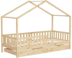 ML-Design kinderbed huisbed 90x200 cm naturel houten bed met 2 lades valbeveiliging lattenbodem en dak speelbed van massief grenenhout Montessori vloerbed kinderkamer bedframe speelhuis bed voor kinderen meisjes jongens juniorbed houten kinderhuisbed