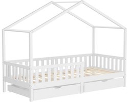 ML-Design kinderbed huisbed 90x200 cm wit houten bed met 2 lades valbeveiliging lattenbodem en dak speelbed van massief grenenhout Montessori vloerbed kinderkamer bedframe speelhuis bed voor kinderen meisjes jongens juniorbed houten kinderhuisbed