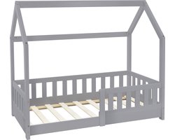 ML Design kinderbed series kinderbed 70x140 cm met valbeveiliging dak en lattenbodem lichtgrijs massief houten huisbed voor meisjes en jongens stabiel duurzaam jeugdbed van massief grenen hout multifunctioneel speelbed junior vloerbed huis design