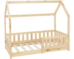 ML Design kinderbed series kinderbed 70x140 cm met valbeveiliging dak en lattenbodem naturel massief houten huisbed voor meisjes en jongens stabiel duurzaam jeugdbed van massief grenen hout multifunctioneel speelbed junior vloerbed huis design