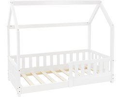 ML Design kinderbed series kinderbed 70x140 cm met valbeveiliging dak en lattenbodem wit massief houten huisbed voor meisjes en jongens stabiel duurzaam jeugdbed van massief grenen hout multifunctioneel speelbed junior vloerbed huis design
