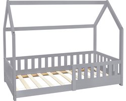 ML Design kinderbed series kinderbed 80x160 cm met valbeveiliging dak en lattenbodem lichtgrijs massief houten huisbed voor meisjes en jongens stabiel duurzaam jeugdbed van massief grenen hout multifunctioneel speelbed junior vloerbed huis design