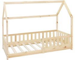 ML Design kinderbed series kinderbed 80x160 cm met valbeveiliging dak en lattenbodem naturel massief houten huisbed voor meisjes en jongens stabiel duurzaam jeugdbed van massief grenen hout multifunctioneel speelbed junior vloerbed huis design