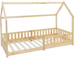 ML Design kinderbed series kinderbed 90x200 cm met valbeveiliging dak en lattenbodem naturel massief houten huisbed voor meisjes en jongens stabiel duurzaam jeugdbed van massief grenen hout multifunctioneel speelbed junior vloerbed huis design
