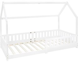 ML Design kinderbed series kinderbed 90x200 cm met valbeveiliging dak en lattenbodem wit massief houten huisbed voor meisjes en jongens stabiel duurzaam jeugdbed van massief grenen hout multifunctioneel speelbed junior vloerbed huis design