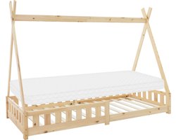 ML-Design tipi-serie kinderbed 90x200 cm naturel met koudschuimmatras lattenbodem en valbeveiliging massief grenen houten huisbed in Indianenstijl met hek geschikt voor meisjes en jongens speelbed en vloerbed in tentvorm voor de kinderkamer