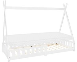 ML-Design tipi-serie kinderbed 90x200 cm wit met koudschuimmatras lattenbodem en valbeveiliging massief grenen houten huisbed in Indianenstijl met hek geschikt voor meisjes en jongens speelbed en vloerbed in tentvorm voor de kinderkamer