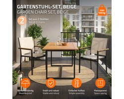 ML-Design Tuinstoel Set van 2 Houtlook Beige Textiel Tuinmeubel Outdoor Terras Stoelen Met Armleuningen Stevig aluminium frame Weerbestendig Stapelbaar Comfortabel Design voor Balkon Tuin Terras