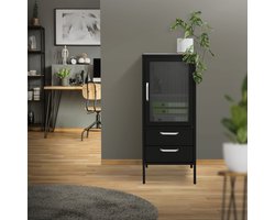 ML-Design vitrinekast 42 x 102 x 40 cm zwart kast met 2 opberg of plankcompartimenten 1 deur en 2 lades metalen meubel van staal industrieel ontwerp boekenkast archiefmeubel en kantoorkast