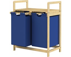 ML-Design Wasmand 2 Vakken, van bamboe met Plank, Wasverzamelaar Wasbox, Wassorteerder 2 x 30 L, Uittrekbare en Uitneembare Waszakken van Oxford Stof, Wasrek voor Badkamer en Wasruimte, Donkerblauw
