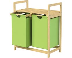 ML-Design Wasmand 2 Vakken, van Bamboe met Plank, Wasverzamelaar Wasbox, Wassorteerder 2 x 30 L, Uittrekbare en Uitneembare Waszakken van Oxford Stof, Wasrek voor Badkamer en Wasruimte, Groen