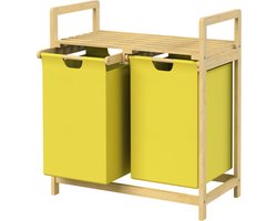 ML-Design | Wasmand met 2 vakken, 73x63x33 cm, van bamboe, geel, wasverzamelaar, 2x30 l, wassorteerder met opbergruimte, wasbox voor badkamer/wasruimte