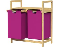 ML-Design | Wasmand met 2 vakken, 73x63x33 cm, van bamboe, magenta, wasmand 2x30 l, wassorteerder met opbergvak, wasbox voor badkamer/wasruimte