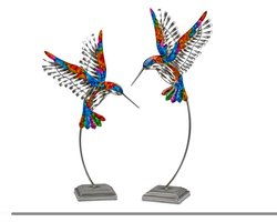 MMDeco - ornament - kolibri set van 2 - kolibri op standaard - metaal - multicolor - decoratie - 38cm en 45cm - beeld - sculptuur - woondecoratie