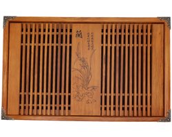 Mmgoqqt 1 Stuk - Houten Gongfu Theedienblad - Gele Orchidee 43x28x5.5cm - Wateropvang Elegant Voor Theeceremonie