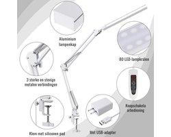 MMM® Bureaulamp met Klem - Bureaulamp - Lamp - Verstelbare Werklamp met Meerdere Hoeken - 3 Lichtstanden x 10 Helderheidsniveaus - Wit