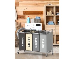 MMM® Wasmand 4 Vakken - Wasbox - Wassorteerder - Zilver/Diverse Zakken - Rollende Kar