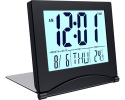 MMOBIEL Digitale Klok LCD Reiswekker Opvouwbaar met Achtergrondverlichting – Bureau Klok Wekker Digitaal met Temperatuur en Datum – Wekker Digitaal Klokje – Digitale Klok op Batterijen incl. – Zwart