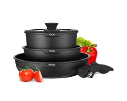 MOA 5 Delig Pannenset voor Alle Warmtebronnen incl. Inductie - Anti-Aanbaklaag - PFAS- & BPA-vrij - Zwart