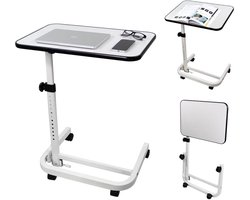 Mobiclinic Cumbre - Bijzettafel - In hoogte verstelbaar - C-vormig onderstel Opvouwbaar en compact - Laptoptafel - Staal en hout - Bedtafel - Zwenkwielen met rem - Wit